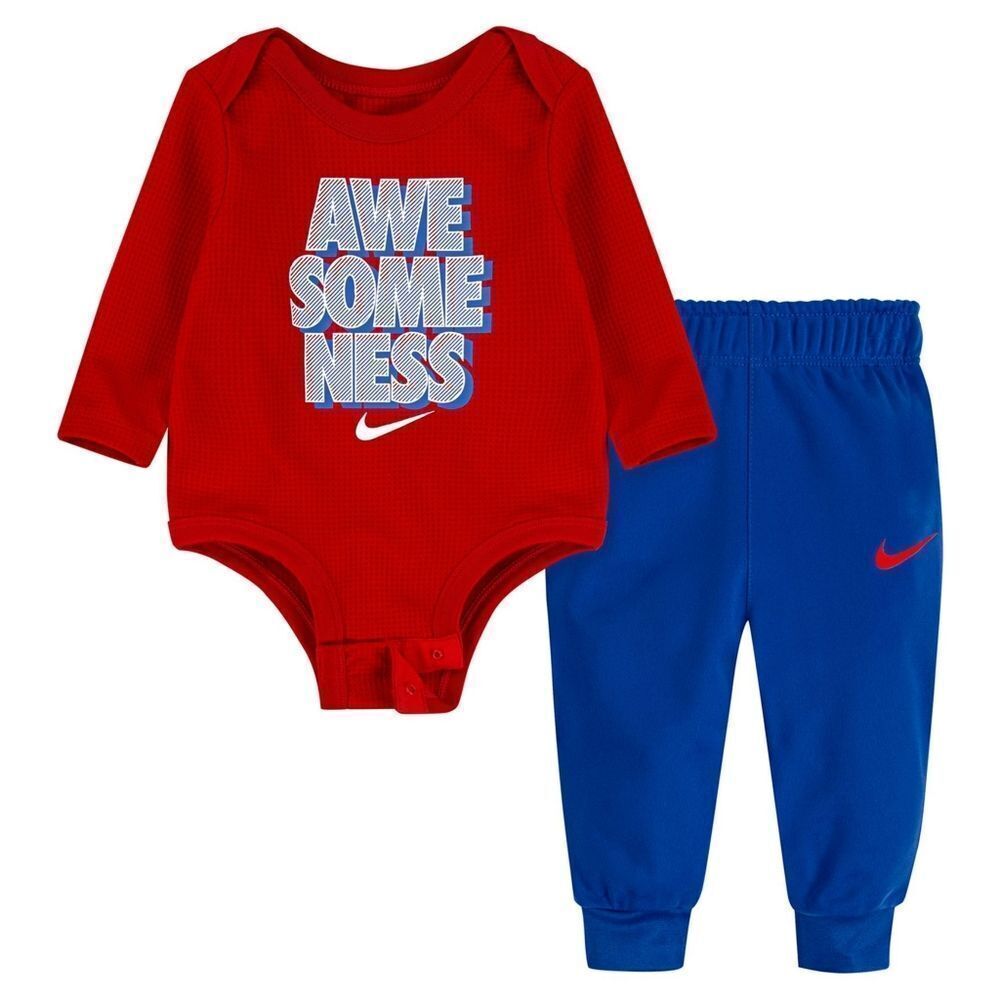 New! NIKE Baby Boys 2-Piece "Awesomeness" Bodysuit Pants Set Red Blue